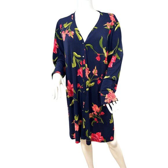 Susan Graver QVC Mini Dress 1XP Navy Floral V-Neck Button Down Slits Pockets - Picture 1 of 14